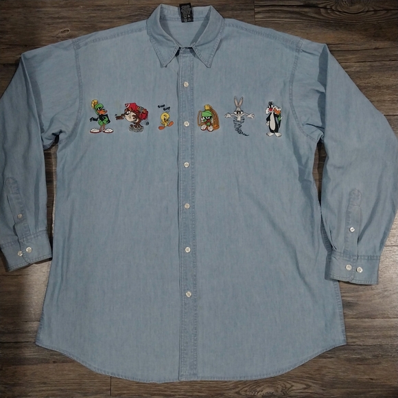 Warners Bros. Denim Long Sleeve Mens L Looney Tunes Vintage Shirt Bugs Daffy - Picture 1 of 7